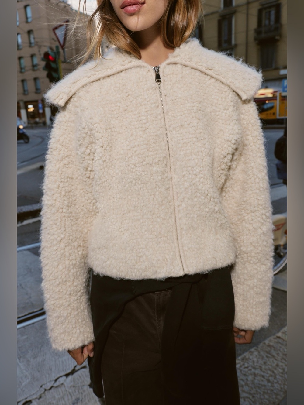 Zara Bouclé beige oversized collar knitted teddy Jacket size S